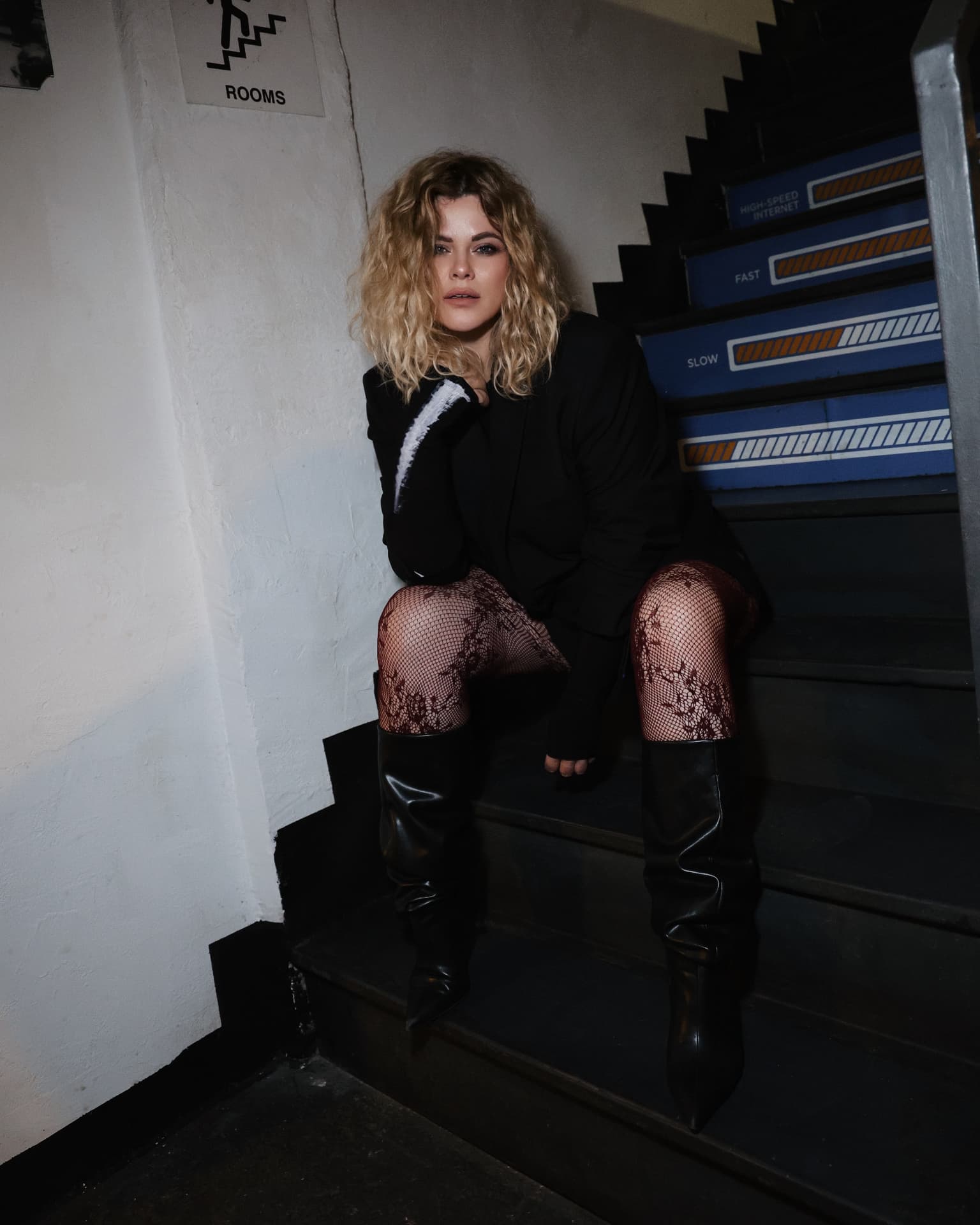 Dani Dimitrovska backstage on a stairwell